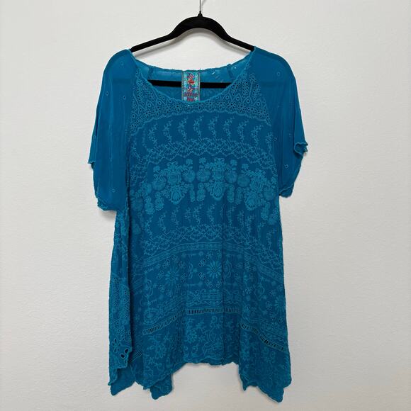 Johnny Was Sutera Tunic Top Embroidered Silk Blue Size XL - Picture 1 of 5